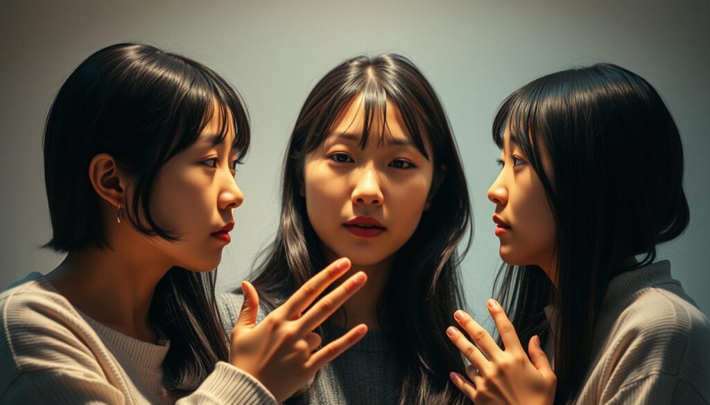 A serene, intimate gathering of three young Japanese individuals, their expressive faces reflecting the nuanced dynamics of human connection. Soft lighting casts a warm, introspective glow, capturing the delicate exchange of emotions and the subtle intricacies of interpersonal communication. The models, with their thoughtful expressions and gestural interactions, embody the sensitivity and artistic sensibilities associated with the ISFP personality type. The composition emphasizes the interconnectedness and the profound, empathetic nature of their interactions, offering a poignant visual representation of the ISFP's unique approach to relationships.