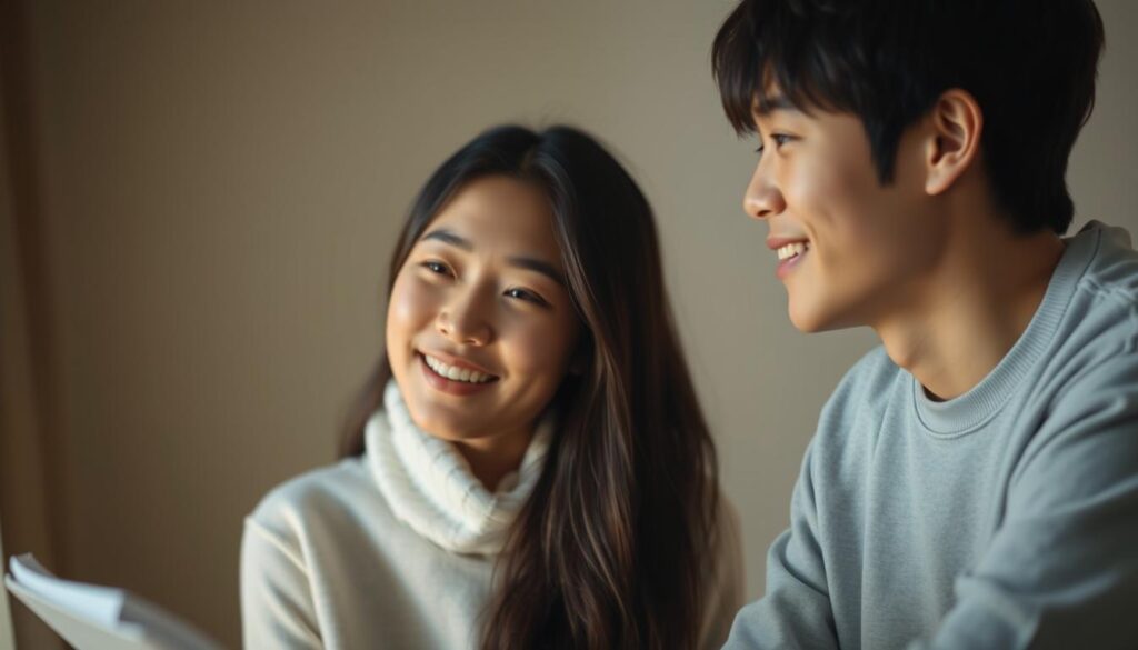 A serene, intimate moment between two young Japanese individuals as they engage in meaningful conversation, their expressions radiating mutual trust and understanding. Soft, warm lighting gently illuminates their faces, creating a sense of emotional intimacy. The background fades into a blurred, neutral setting, allowing the connection between the pair to take center stage. Their body language conveys openness and attentiveness, reflecting the careful cultivation of a deep, lasting bond. The scene captures the essence of building trust and fostering genuine communication.