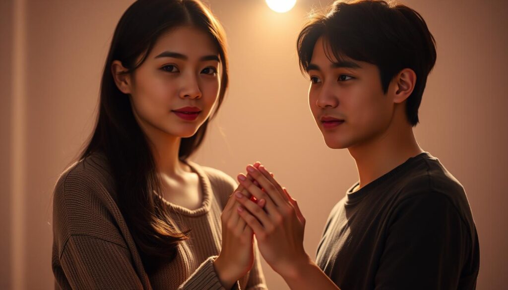 A serene, intimate moment between two young Japanese-looking individuals, their hands intertwined, conveying a deep sense of mutual understanding and respect. The lighting is soft and diffused, casting a warm, romantic glow over the scene. The background is slightly blurred, placing the focus on the couple's connection. Their facial expressions exude a tranquil, thoughtful demeanor, suggesting a relationship built on open communication and shared values. The overall atmosphere evokes the importance of freedom, trust, and emotional connection in a fulfilling partnership.