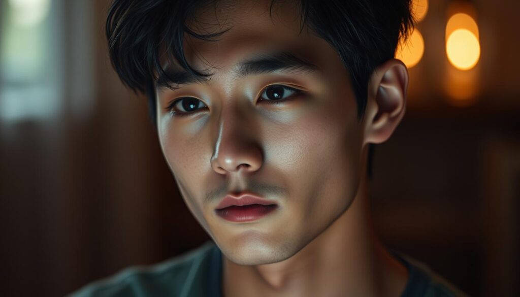 A serene, intimate portrait of an ISFP man contemplating the essence of his romantic ideals. Soft lighting casts a warm glow, emphasizing his pensive expression and soulful gaze. His youthful, Japanese-inspired features convey a sense of introspection and emotional sensitivity. The background is blurred, keeping the focus on his face and allowing the viewer to connect with his inner world. Executed in a realistic photographic style, this image captures the ISFP man's unique perspective on love and his search for an equally thoughtful, intuitive partner.