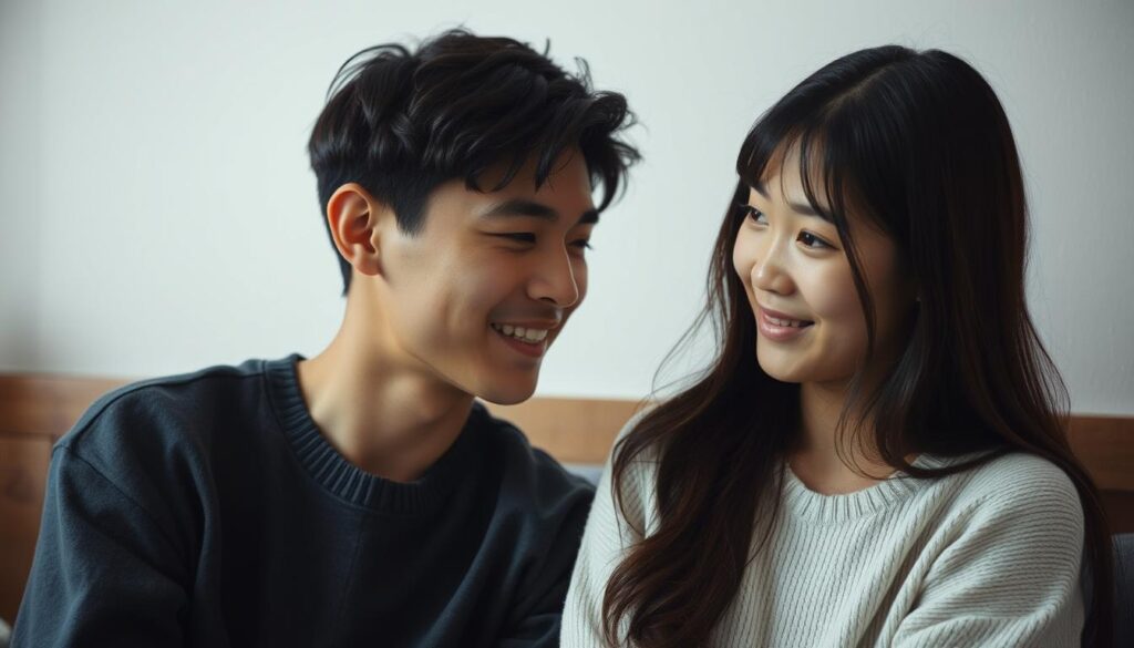 A serene, intimate scene between two young Japanese individuals, their faces reflecting warm, genuine emotions as they engage in a deep, heartfelt conversation. The soft, diffused lighting creates a sense of trust and intimacy, while the minimal, natural setting allows the focus to remain on their connection. Their body language conveys a sense of openness and vulnerability, suggesting the gradual building of a meaningful, trusting relationship. The overall mood is one of understanding, empathy, and the quiet, genuine exchange of thoughts and feelings.