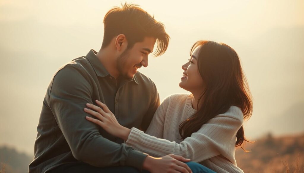 A serene, intimate scene depicting a loving couple sitting close together, their bodies intertwined, their faces radiating a warm, affectionate gaze. The lighting is soft, casting a gentle, romantic glow, while the background blurs into a hazy, dreamlike landscape, devoid of distractions. The couple's expressions convey a deep, soulful connection, hinting at the intricacies and nuances of their relationship compatibility. Their youthful, Japanese-inspired features lend an air of authenticity and relatable charm to the image. Through this striking visual, the viewer is immersed in the essence of the "love compatibility points" between the ISTJ and ENFP personalities, capturing the subtle harmony and magnetic pull that can exist between seemingly opposite traits.