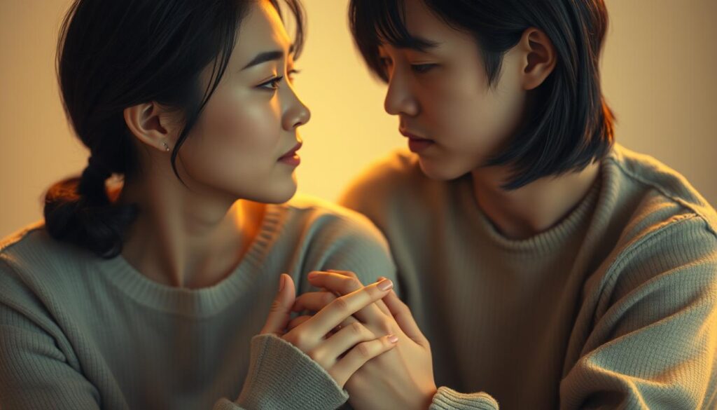 A serene, intimate scene of a young Japanese couple deeply immersed in each other's gaze, their expressions reflecting the patient, unwavering connection they have built over time. Soft lighting creates a warm, sensual atmosphere, highlighting the delicate features and tender body language as they sit close, their fingers intertwined. The background is subtly blurred, placing the focus entirely on the couple's interlocked gazes and the unspoken understanding that fills the space between them, symbolizing the enduring nature of their long-term relationship.