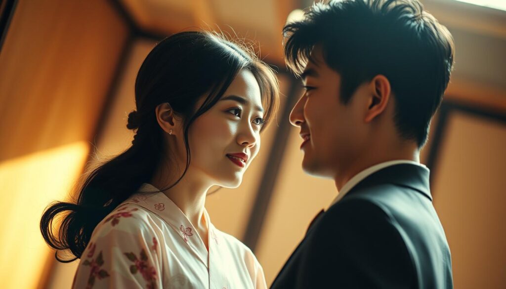 A serene, intimate scene of a young Japanese couple, their faces exuding a quiet confidence and determination. The woman, wearing a delicate floral kimono, gazes intently at her partner, her expression conveying a sense of mutual understanding and shared purpose. The man, dressed in a crisp, tailored suit, returns her gaze with a subtle, assured smile, his posture and demeanor radiating an inner strength and independence. The lighting is soft and warm, casting a gentle glow that envelops the pair, creating an atmosphere of harmony and self-reliance. The background is subtly blurred, allowing the couple to be the central focus, their connection and shared vision for their marriage the true subject of this captivating image.