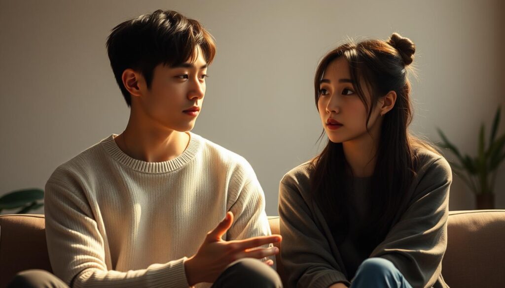 A serene, intimate scene showcasing two young Japanese models, a man and a woman, sitting side by side and engaging in a thoughtful discussion. The lighting is soft and diffused, creating a warm, inviting atmosphere. The models' expressions are earnest, their body language open and attentive, conveying a sense of connection and understanding. The background is blurred, keeping the focus on the central figures and their interaction. The overall mood is one of mutual understanding, trust, and a desire to improve their relationship. A serene, intimate scene showcasing two young Japanese models, a man and a woman, sitting side by side and engaging in a thoughtful discussion. The lighting is soft and diffused, creating a warm, inviting atmosphere. The models' expressions are earnest, their body language open and attentive, conveying a sense of connection and understanding. The background is blurred, keeping the focus on the central figures and their interaction. The overall mood is one of mutual understanding, trust, and a desire to improve their relationship.