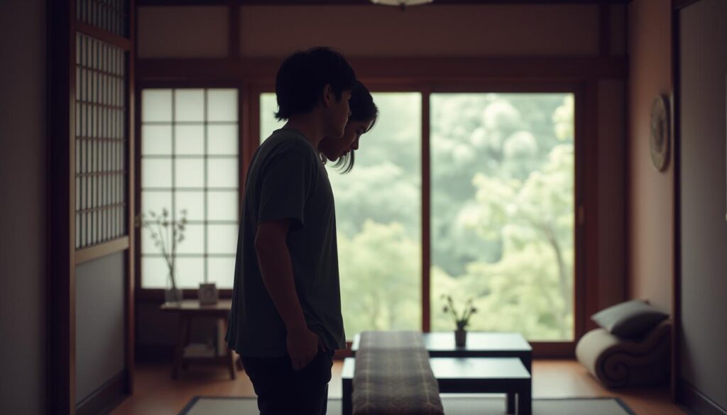 A serene, intimate scene unfolds within a softly lit Japanese-style room. In the foreground, two young figures - a man and a woman - stand close, their bodies slightly angled towards one another, conveying a sense of deep connection and understanding. Their facial expressions are earnest, reflecting the intensity of their emotional bond. The middle ground features subtle details that suggest the private, introspective nature of their encounter - a low table, a delicate flower arrangement, and a window offering a glimpse of a tranquil garden. The background fades into a warm, muted palette, creating a sense of timelessness and emotional resonance. The overall composition and lighting evoke a mood of quiet contemplation, capturing the essence of the "love action patterns" of the INTJ personality type.