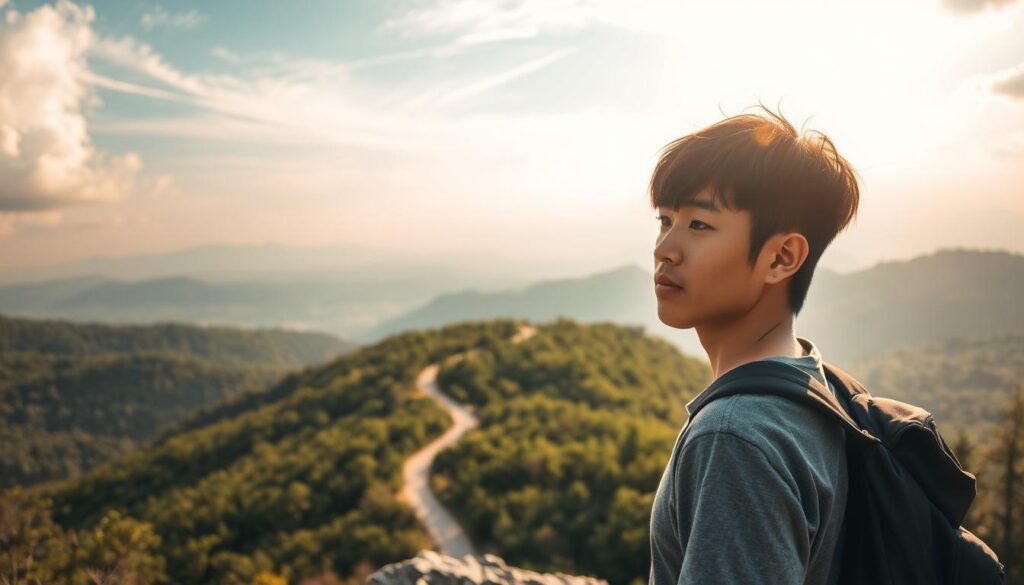 A serene landscape unfolds, where a young Japanese-looking person stands atop a rocky precipice, gazing out toward the horizon. Warm sunlight filters through wispy clouds, casting a pensive glow upon their face. They wear a determined expression, reflecting an inner drive to explore the unknown. In the middle ground, a winding path leads deeper into a lush, verdant forest, hinting at the adventures that await. The background is a panoramic vista of rolling hills and distant mountains, evoking a sense of boundless possibilities. Subtle camera angles and balanced composition draw the viewer's attention to the subject's sense of curiosity and readiness to embrace new challenges.