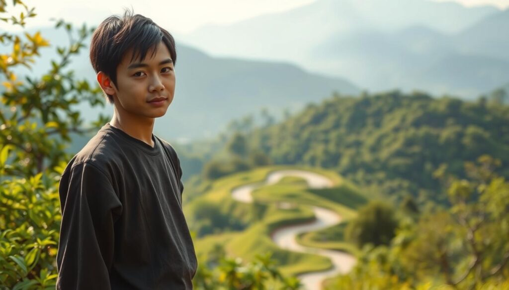 A serene landscape unfolds, with a young Japanese figure standing amidst a backdrop of lush greenery. Their expression reflects a contemplative, introspective gaze, symbolizing the inner journey of personal growth. The lighting is soft and diffused, casting a warm, natural ambiance. The figure's posture conveys a sense of balance and determination, as they navigate the challenges and milestones of their ENTJ psychological development. The middle ground showcases a winding path, hinting at the multifaceted nature of the growth process. In the background, a distant horizon suggests a future of endless possibilities, inviting the viewer to explore the nuances of this transformative journey.