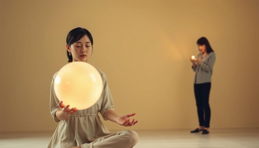 A serene, minimalist composition depicting the contrast between Intuitive and Sensory personality types. In the foreground, a pensive young Japanese woman in a meditative pose, her eyes closed as she contemplates an ethereal, glowing sphere. In the background, another woman stands with a grounded, pragmatic posture, examining a physical object with intense focus. The scene is bathed in soft, warm lighting, creating an atmosphere of introspection and self-discovery. The overall mood is one of balance and harmony, capturing the complementary nature of these two distinct cognitive styles.