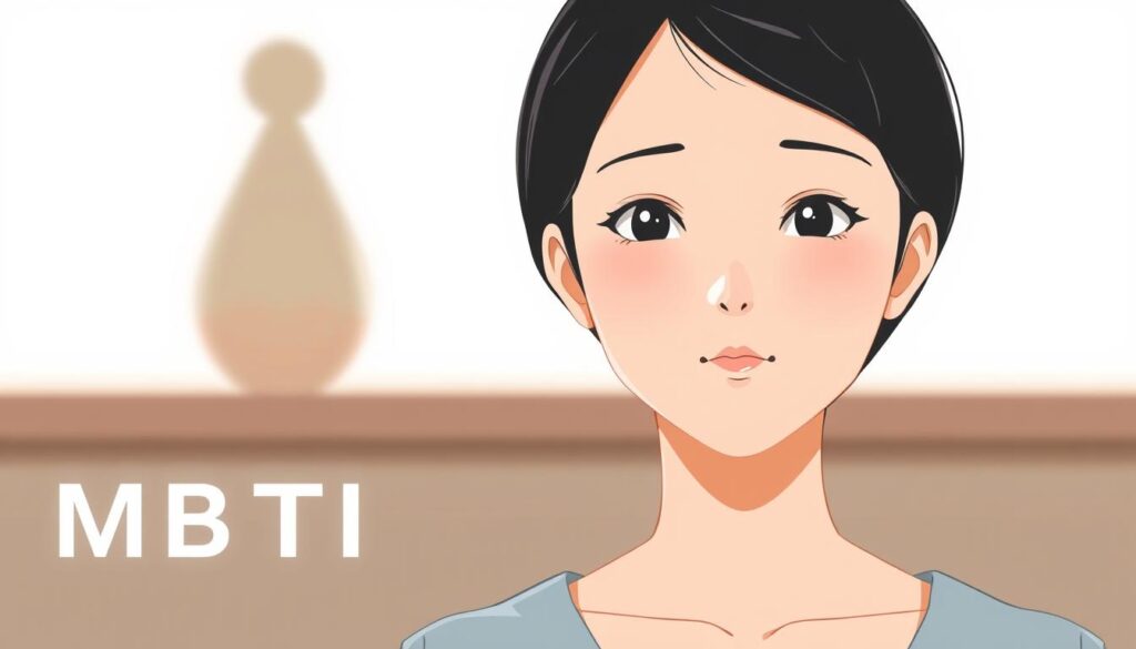 A serene, minimalist illustration depicting the resolution of MBTI misunderstandings. In the foreground, a young Japanese-looking woman with short black hair stands calmly, her expression thoughtful yet reassuring. Behind her, a softly blurred background features simple geometric shapes and soothing pastel hues, creating a sense of balance and clarity. The lighting is natural, with gentle shadows accentuating the figure's features. The overall mood is one of understanding and enlightenment, perfectly capturing the essence of the "MBTI 診断における誤解とその解消法" section.