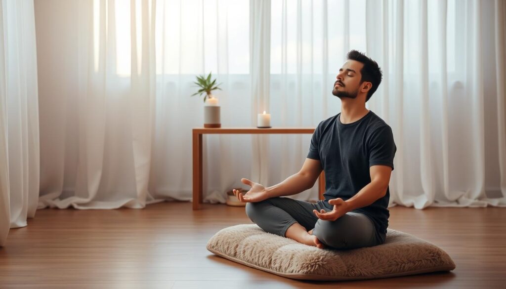 A serene, minimalist interior where an ISFJ man sits cross-legged on a plush floor cushion, meditating with his eyes closed. Soft lighting filters through sheer curtains, casting a warm, reflective glow. In the background, a simple, elegant altar with a single candle and potted plant, symbolizing the importance of self-care and finding inner balance. The scene conveys a sense of tranquility, introspection, and the ISFJ's inherent ability to maintain his authentic self-expression, even amidst the demands of the external world.