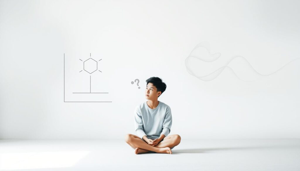 A serene, minimalist scene depicting the decision-making process of an ENTJ. In the foreground, a young, Japanese-looking person sits cross-legged, deep in contemplation, their expression thoughtful and focused. The middle ground features a stylized, abstract representation of the logical, analytical thought process - clean lines, geometric shapes, and muted colors symbolizing the ENTJ's preference for rational decision-making. In the background, wispy, ethereal forms suggest the intuitive, visionary aspect of their decision-making, creating a harmonious blend of logic and instinct. Soft, diffused lighting casts a contemplative, introspective mood over the entire scene.