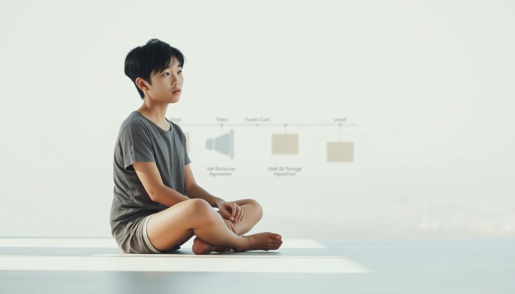 A serene, minimalist scene depicting the process of self-disclosure. In the foreground, a thoughtful Japanese individual sits cross-legged, their gaze introspective. Soft, natural lighting illuminates their youthful features, conveying a sense of introspection and vulnerability. In the middle ground, simple geometric shapes in muted tones represent the steps of self-disclosure, inviting the viewer to reflect on their own journey. The background fades into a tranquil, abstract landscape, suggesting the personal growth that can emerge from this process. The overall atmosphere is one of quiet contemplation, encouraging the viewer to consider the nuances and challenges of self-disclosure.