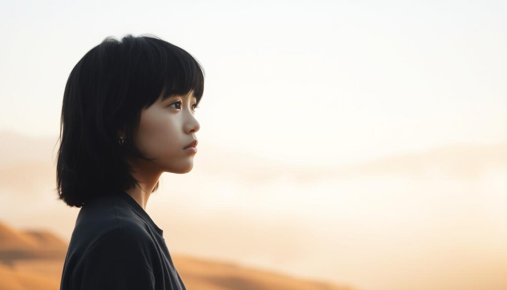 A serene, minimalist scene depicting the rarity and uniqueness of the ENFJ personality type. In the foreground, a lone young Japanese-looking individual with striking black hair gazes contemplatively into the distance, their facial features conveying a sense of introspection and emotional depth. The middle ground is shrouded in a soft, ethereal mist, creating a sense of mystery and the intangible nature of this rare personality. The background is a simple, understated landscape, allowing the subject to be the sole focus, highlighting their singular and precious nature. Warm, natural lighting casts a gentle glow, emphasizing the tranquility and inner strength of the ENFJ. The overall tone is one of quiet reflection, capturing the essence of this enigmatic and captivating personality type.