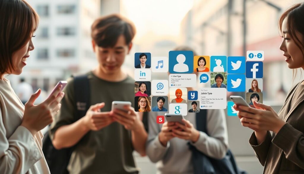 A serene, minimalist scene of young Japanese-looking people intently engaged in sharing their MBTI personality type results on various social media platforms. The foreground features a group of four friends, each holding a smartphone and gesturing animatedly as they discuss their findings. The middle ground showcases a collage of social media app icons and profiles, representing the ubiquity of online personality assessments. The background depicts a softly blurred urban environment, conveying the ubiquity of this cultural phenomenon. Lighting is natural and warm, creating a contemplative atmosphere. The overall composition emphasizes the connection between individual self-discovery and the shared online experience.