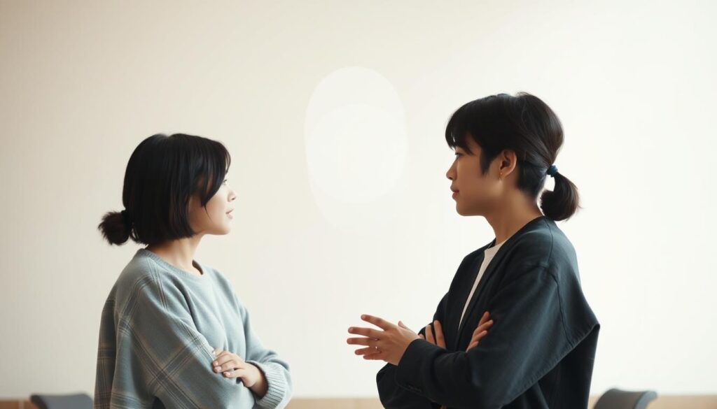 A serene, minimalist scene showcasing the key elements of effective communication. In the foreground, two young Japanese individuals engage in a thoughtful discussion, their expressions reflecting active listening and mutual understanding. The middle ground features simple, elegant shapes and lines symbolizing the flow of ideas and the importance of clarity. The background offers a soft, blurred backdrop, creating a sense of focus and calm. Subtle lighting casts a warm, natural glow, highlighting the interpersonal connection. The overall mood is one of genuine connection, with a focus on the subtle nuances that foster meaningful dialogue.