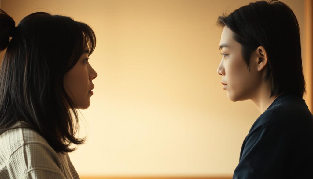 A serene, natural-lit scene depicting two young Japanese individuals facing each other, engaged in a heartfelt conversation. The foreground features their earnest expressions and body language, conveying a sense of openness and vulnerability as they navigate the nuances of emotional expression. The middle ground blurs softly, allowing the viewer to focus on the intimate interaction. In the background, a warm, muted color palette creates a calming, contemplative atmosphere, complementing the profound exploration of differences and the search for mutual understanding.