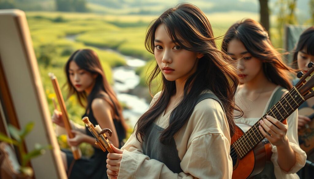A serene, naturalistic scene depicting the profound influence of the arts on the lives of ISFP individuals. In the foreground, a group of young Japanese-looking models, hair flowing naturally, engaged in a variety of artistic pursuits - painting, sculpting, playing instruments. Their expressions convey a sense of deep contemplation and emotional connection to their creative work. In the middle ground, a lush, verdant landscape with a tranquil stream, hinting at the calming, introspective nature of the ISFP temperament. The warm, softly diffused lighting creates an atmosphere of introspection and artistic reverie, while the cinematic, medium-close framing draws the viewer into the intimate, creative world of the subject. The overall composition conveys the transformative power of the arts for the sensitive, imaginative ISFP personality.