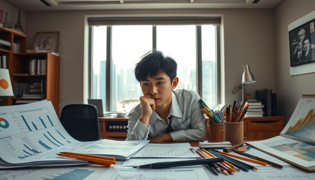 A serene office setting with a young Japanese-looking professional, their face framed by natural lighting, deep in contemplation. In the foreground, financial reports and charts are scattered, juxtaposed with an array of art supplies - brushes, paints, and sketchpads - hinting at a creative side struggling to reconcile with economic realities. The middle ground features a large window overlooking a bustling cityscape, symbolic of the tensions between pragmatism and self-expression. The atmosphere is one of quiet introspection, a subtle melancholy tempered by a glimmer of hopeful determination.