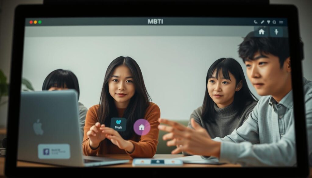 A serene online setting where four young Japanese individuals engage in a captivating MBTI personality assessment game. A minimalist user interface with clean lines and a soft color palette creates an inviting atmosphere. The participants, with expressive faces and focused expressions, navigate the game's interactive elements, immersed in the process of self-discovery. Soft lighting and a blurred background suggest a sense of privacy and concentration, emphasizing the personal nature of the experience. The overall composition conveys a balance of technology, psychology, and the human connection fostered through this digital diagnostic tool.