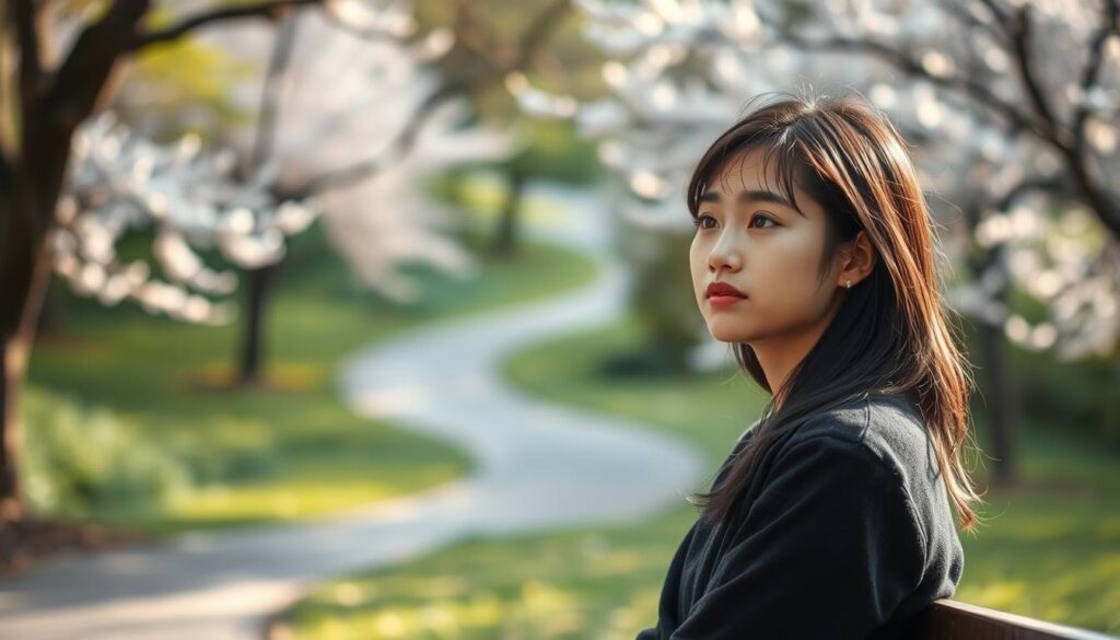 A serene outdoor scene, bathed in soft, natural lighting. In the foreground, a young Japanese woman sits on a park bench, her expression pensive yet content. Her dark hair frames her delicate features as she gazes into the distance, lost in thoughtful contemplation. In the middle ground, a winding path leads through a lush, verdant landscape, dotted with cherry blossom trees in full bloom. The background is blurred, creating a sense of peaceful isolation, allowing the viewer to focus on the woman's introspective moment. The overall mood is one of introspection and self-discovery, capturing the essence of the "自己成長を促す恋愛の視点" section of the article.