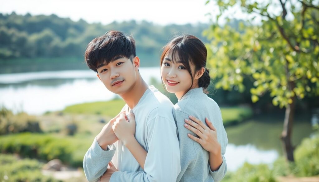 A serene outdoor scene with a young Japanese-looking couple in the foreground, their bodies intertwined in a warm embrace, conveying a sense of deep connection and compatibility. The pair are illuminated by soft, natural lighting, their calm expressions and relaxed poses suggesting a harmonious, almost ethereal partnership. In the middle ground, a lush, verdant landscape unfolds, hinting at the nurturing, life-affirming nature of their relationship. The background features a tranquil body of water, its mirrored surface reflecting the tranquility of the scene, creating a sense of balance and emotional equilibrium.