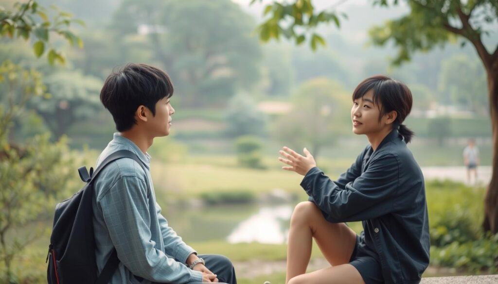 A serene outdoor setting with two young Japanese individuals engaged in a natural, relaxed conversation. The foreground features the pair sitting on a bench or low wall, their body language indicating open and attentive communication. The middle ground showcases a lush, verdant landscape with trees, shrubs, and a tranquil body of water. The background subtly fades into a soft, diffused light, creating a calming, intimate atmosphere. The lighting is soft and diffused, with a warm, natural tone that enhances the tranquil mood. The camera angle is slightly elevated, offering a slightly bird's-eye view that captures the essence of the interpersonal exchange. The overall scene conveys a sense of comfortable, genuine interaction between the two figures.