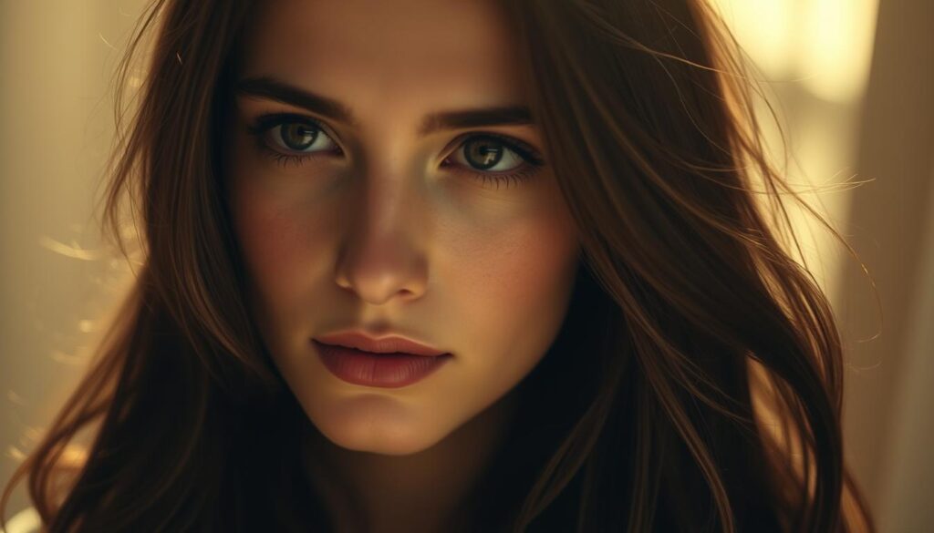 A serene, pensive woman gazes soulfully, her expressive face radiating a profound sensitivity. Gentle lighting envelops her, casting a warm, contemplative glow. Her delicate features, framed by flowing dark hair, convey a poignant inner world, teeming with empathy and depth of emotion. The scene is captured through a soft, atmospheric lens, highlighting the woman's introspective nature and the quiet beauty that emanates from her. This evocative portrait embodies the essence of the sensitive, introspective woman, a compelling archetype cherished by the INFP male.