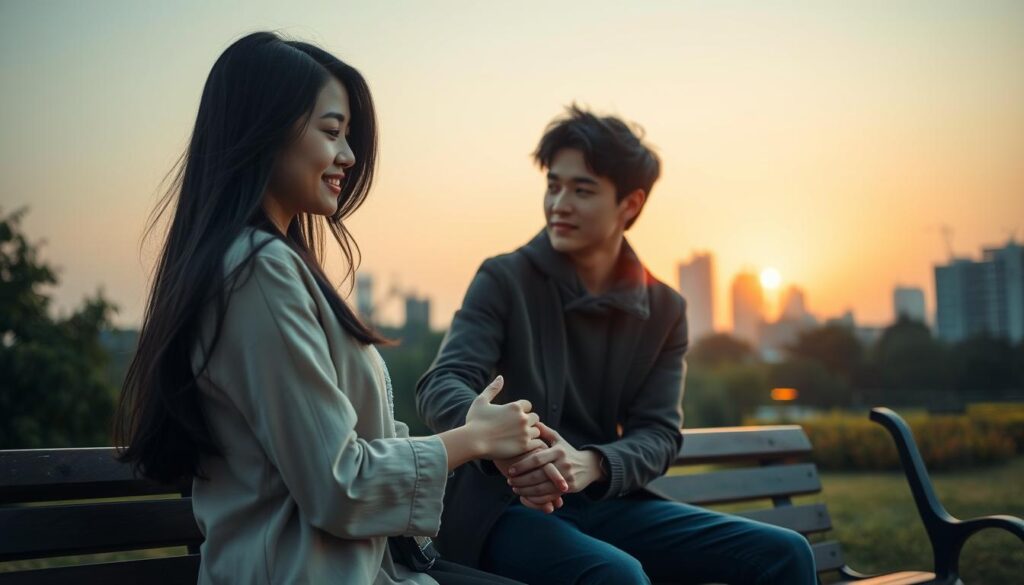 A serene, photorealistic scene depicting the complementarity of an ESFJ and ENFP couple. In the foreground, the ESFJ partner, a young Japanese-looking woman with long, black hair, gazes affectionately at her ENFP partner, a young man with a warm, expressive face. Their hands are intertwined, symbolizing their emotional connection. In the middle ground, the couple sits together on a park bench, surrounded by lush greenery and a calming, golden-hour sky. The lighting is soft and flattering, creating a sense of intimacy and harmony. In the background, a cityscape with modern architecture provides a subtle, urban backdrop, hinting at the challenges they may face in the real world. The overall mood is one of mutual understanding, acceptance, and the synergy that can arise from their contrasting personality types.