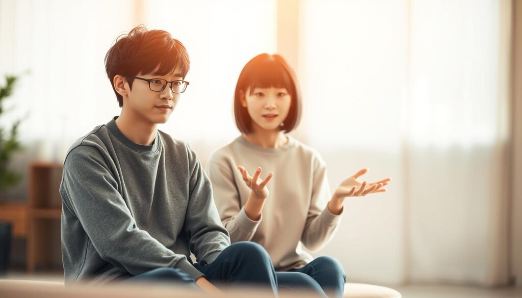 A serene scene depicting the contrasting communication styles of two young Japanese individuals. In the foreground, an ISFJ figure sits calmly, listening intently with a gentle, thoughtful expression. Across from them, an INFP figure gestures animatedly, their face alight with passionate expression. The background is softly blurred, allowing the figures to take center stage. Warm, natural lighting casts a contemplative mood, inviting the viewer to observe the nuanced differences in how these personalities convey themselves. The overall composition highlights the harmony and individuality present in interpersonal dynamics.