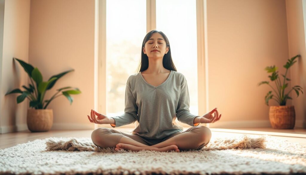 A serene scene of a young Japanese woman practicing mindful self-care. She sits cross-legged on a soft, cozy rug, eyes closed in deep meditation. Warm, golden light filters through a large window, casting a gentle glow on her relaxed features. The background is a minimalist, soothing interior with clean lines and earthy tones, creating a sense of tranquility. Lush, green plants add a touch of natural vitality. The woman's posture is poised yet comfortable, reflecting her inner harmony and focus on managing daily stresses through intentional self-nurturing.