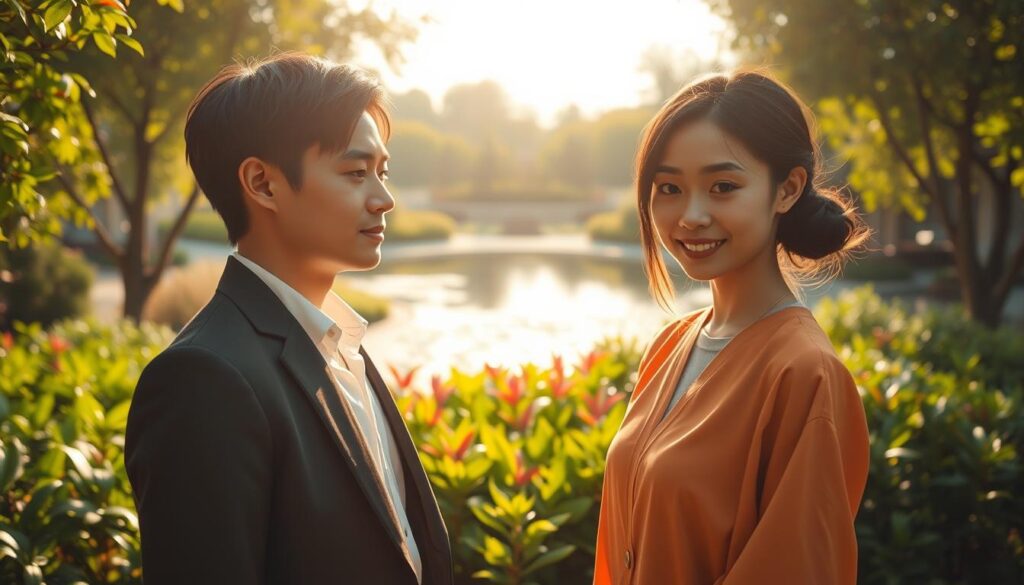 A serene scene of mutual understanding and growth potential. Two individuals, a professional ESTJ and a creative ISFP, stand face-to-face in a sun-dappled garden, their expressions conveying a sense of open-mindedness and curiosity. Warm, diffused lighting casts a soft glow, highlighting their youthful, Japanese-inspired features. The middle ground showcases lush, vibrant foliage, symbolizing the flourishing potential of their unique collaboration. In the background, a tranquil pond reflects the sky, evoking a sense of calm introspection. Together, the figures embody the possibility of bridging differences and cultivating meaningful personal and professional connections.