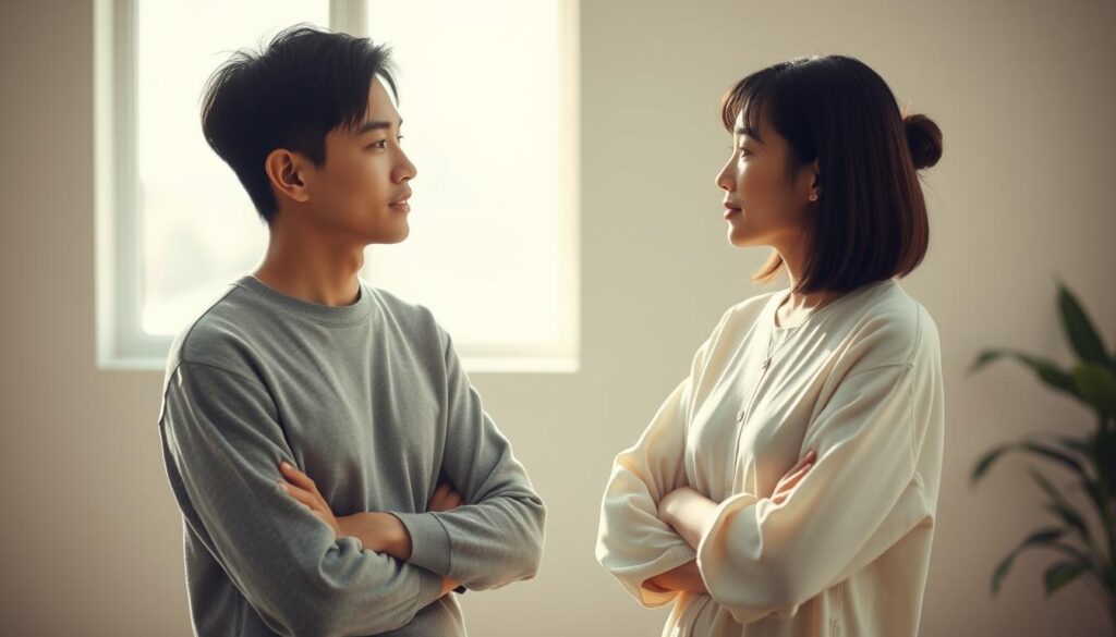 A serene scene of two ESFJ individuals engaged in thoughtful dialogue, their body language reflecting a harmonious, empathetic exchange. Soft, natural lighting illuminates their youthful, Japanese-inspired features, creating an intimate, relatable atmosphere. The two figures stand in a minimalist indoor setting, their expressions conveying a sense of mutual understanding as they navigate the nuances of effective communication. The composition emphasizes the interpersonal connection, inviting the viewer to witness a moment of meaningful interaction between these compatible personality types.