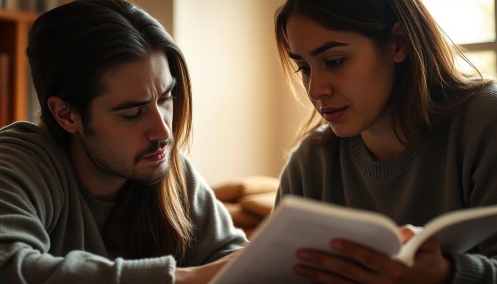 A serene study session between an INFJ and their companion, their faces illuminated by soft, natural lighting from a nearby window. The INFJ's expression is contemplative, brow furrowed as they wrestle with an intellectual challenge, while their partner's gaze is empathetic, offering gentle guidance. The scene captures the dynamic interplay of the INFJ's depth of thought and the partner's intuitive understanding, a subtle dance of learning and growth. Warm, earthy tones predominate, creating an atmosphere of introspection and mutual exploration.