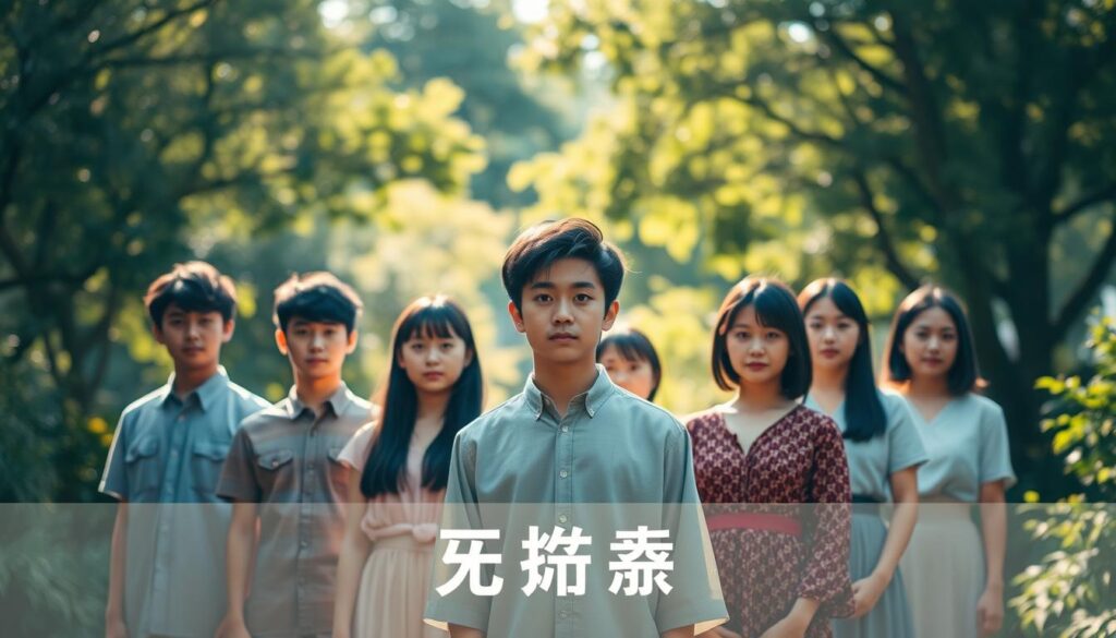 A serene, sun-dappled garden forms the backdrop, with a group of young, poised Japanese individuals standing in a focused, determined stance. Their faces convey a sense of unity, strength, and unwavering resolve. The soft, warm lighting casts a subtle glow, evoking a sense of purpose and clarity. In the foreground, a central figure stands tall, their gaze fixed ahead, embodying the essence of leadership and vision. The composition creates a sense of balance, harmony, and a shared sense of direction, reflecting the themes of "リーダーシップとカリスマ性の発揮".