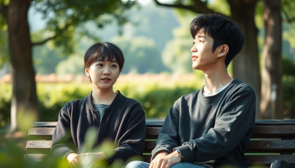 A serene, sun-dappled scene of two young Japanese friends sitting on a park bench, their faces thoughtful and insightful. The foreground captures their warm, nuanced interaction, conveying the complexities of their relationship. The middle ground features a lush, verdant landscape, subtly hinting at the natural balance and harmony they seek. The background is softly blurred, evoking a sense of tranquility and introspection. Soft, directional lighting heightens the intimate, emotive mood, while a shallow depth of field draws the viewer's focus to the central figures. An image that explores the delicate interplay of love and friendship, with a sense of authenticity and poignancy.