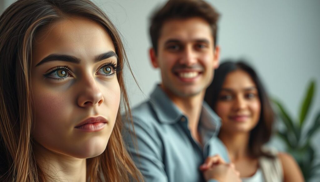 A serene tableau of successful INFP individuals, their faces lit with an inner radiance that belies the hardships they have overcome. In the foreground, a young woman with pensive eyes gazes thoughtfully, her expression exuding a quiet determination. Behind her, a man with a warm, inviting smile stands tall, his stance confident yet humble. The middle ground reveals another INFP, their features suffused with a gentle confidence, a testament to the transformative power of embracing one's unique perspective. The background is softly blurred, allowing the subjects to take center stage, their stories of triumph and struggle the true focus of this evocative scene. Captured with a soft, diffused lighting that lends an ethereal quality, this image celebrates the resilience and quiet brilliance of the INFP spirit.