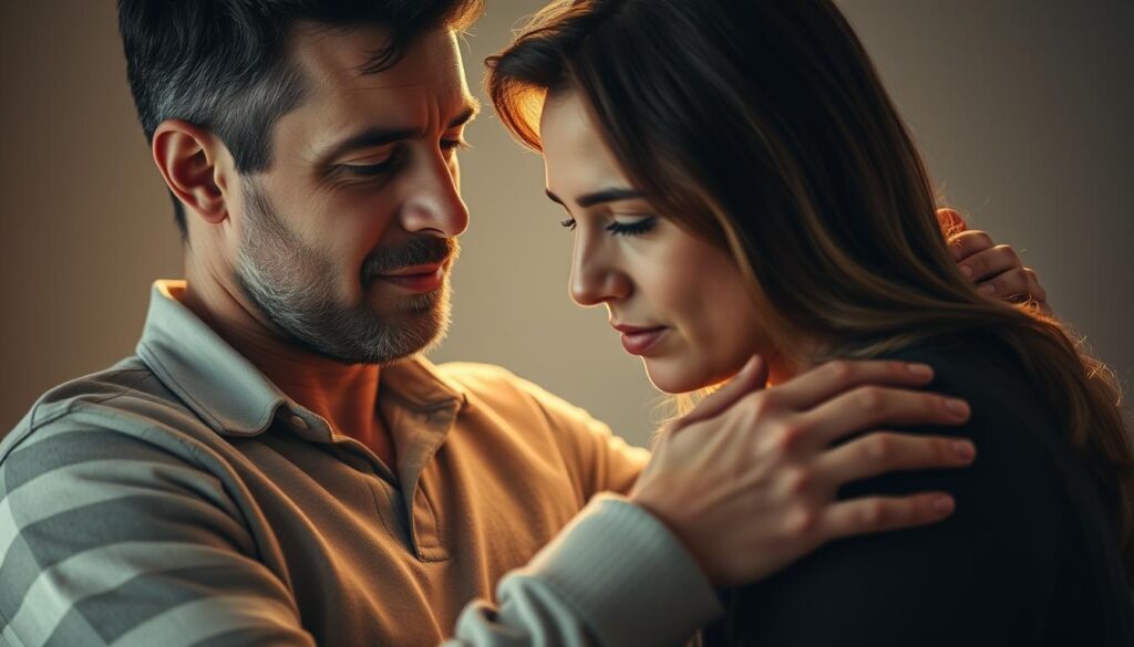 A serene, tender scene of an ISFJ man deeply engrossed in caring for his partner. The man, with a calm, thoughtful expression, gently holds his lover's hand, offering unwavering emotional support. The lighting is soft and warm, creating an intimate, nurturing atmosphere. The couple is depicted in a close, intimate embrace, conveying the man's unwavering dedication and attentiveness to his partner's needs. The background is a blurred, neutral setting, allowing the focus to remain on the couple's connection. The overall mood is one of comfort, understanding, and heartfelt devotion.