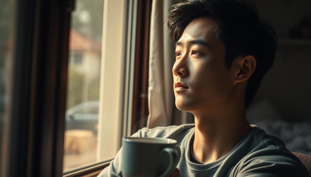 A serene, thoughtful young Japanese man sits by a window, gazing outward with a contemplative expression. Warm, diffused lighting from the side illuminates his face, revealing his gentle, attentive features. In the middle ground, a mug of tea steams gently, a thoughtful gesture for someone he cares for. The background is softly blurred, hinting at a cozy, lived-in space, creating a sense of quiet, intimate atmosphere. The overall mood conveys the man's innate care and consideration for those around him, a reflection of the "ISFJ male's" nurturing and supportive nature.