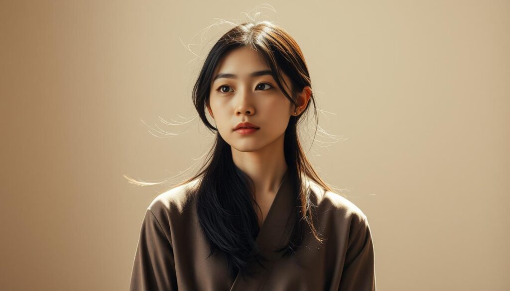 A serene, thoughtful young Japanese woman stands amidst a harmonious blend of practical rationality and passionate energy. Her pensive gaze reflects an inner balance, as swirling wisps of light and shadow dance around her. The composition is crisp and naturalistic, with subtle tones that evoke a sense of contemplation. Soft, directional lighting highlights her features, creating a sense of introspection. The background is a tasteful, minimalist setting that allows the subject's contemplative demeanor to take center stage, inviting the viewer to pause and reflect alongside her.