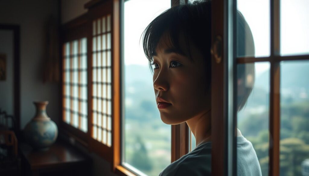 A serene, thoughtful young person gazes out a window, their face reflecting the balance between idealism and pragmatism. The foreground features their pensive expression, softly lit by natural light. The middle ground showcases a harmonious blend of traditional Japanese elements and modern accents, symbolizing the integration of dreams and reality. In the background, a tranquil landscape unfolds, hinting at the pursuit of inner peace. The overall mood is one of contemplation, subtlety, and the quiet confidence to navigate the gap between aspiration and actuality.