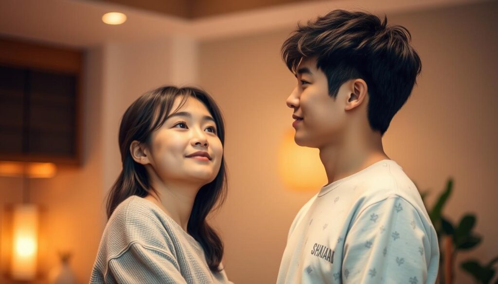 A serene, warm-lit indoor setting. Two young, Japanese-looking individuals, a man and a woman, stand side by side, their eyes meeting with an air of understanding and compatibility. The woman, with a gentle smile, leans slightly towards the man, her body language conveying a sense of trust and affection. The man, with a calm, focused expression, returns her gaze, his posture suggesting a steadfast, protective presence. The scene captures the essence of an ESTJ-A's ideal partner selection - a harmonious, trusting relationship built on mutual respect and shared values.