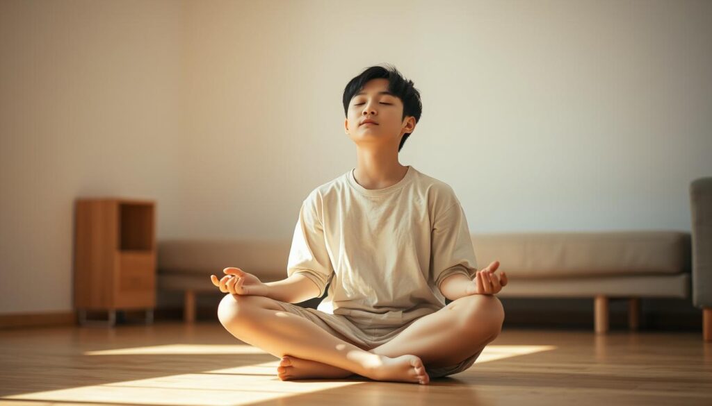 A serene, well-lit indoor scene showcasing a young Japanese-looking individual sitting cross-legged on the floor, deeply immersed in their surroundings. Their eyes are closed, and they appear to be intently focused, utilizing all five senses to fully grasp the present moment. The lighting is soft and natural, casting a warm, contemplative glow. The background is minimalist, with simple yet elegant furnishings that complement the tranquil atmosphere. The subject's posture and facial expression convey a sense of inner peace and heightened awareness, embodying the essence of "grasping reality through the senses."