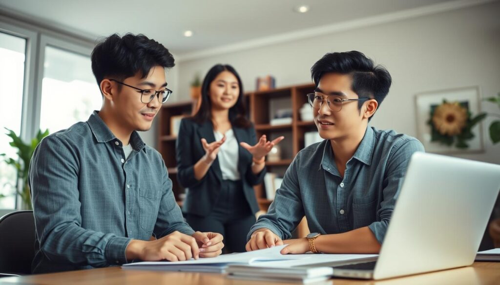 A serene, well-lit interior setting with a cozy, professional atmosphere. In the foreground, a young Japanese-looking man in a casual button-down shirt sits at a desk, thoughtfully studying papers or a laptop, conveying an air of expertise. In the middle ground, a young woman in a business-casual outfit stands, gesturing animatedly as she discusses a concept with the man, their expressions engaged and collaborative. In the background, a large window provides natural lighting, and shelves or artwork hint at the setting being an office or study. The mood is one of insightful discussion and successful partnership.