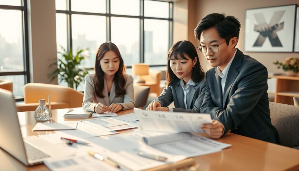 A serene, well-lit office environment with tasteful decor and modern furniture. In the foreground, a group of three young Japanese professionals, their expressions thoughtful and engaged, as they review various career path options and job opportunities laid out on the desk before them. Warm, natural lighting casts a soft glow, creating an atmosphere of contemplation and careful consideration. The background features a large window overlooking a cityscape, hinting at the broader world of possibilities beyond. The scene conveys a sense of focus, deliberation, and the pursuit of finding one's true calling and optimal career path.