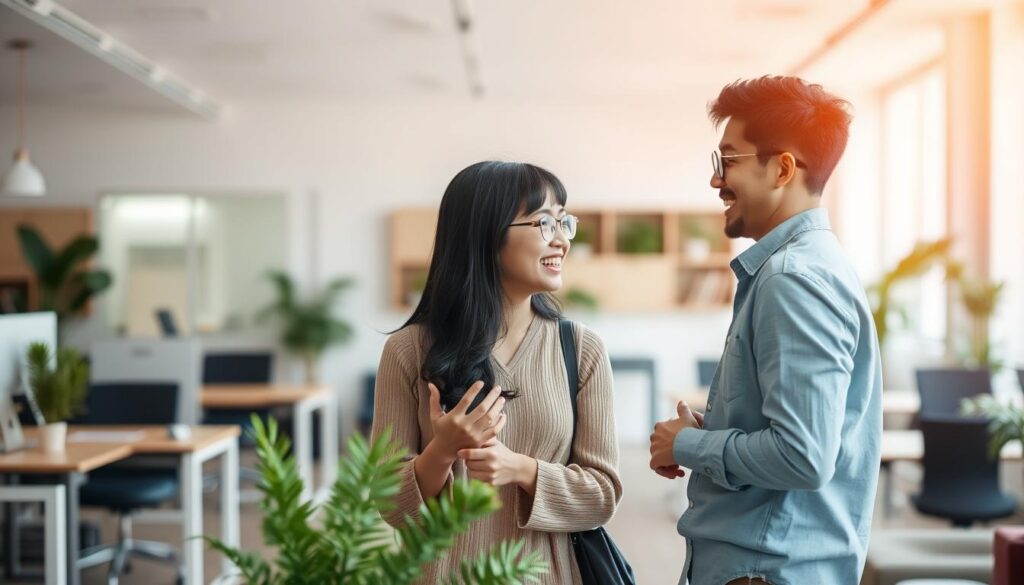 A serene, well-lit office interior with a warm, natural palette. In the foreground, two young Japanese professionals - a man and a woman - engaged in a lively, animated discussion, their body language conveying a sense of openness, trust and mutual understanding. The middle ground features desks, plants and modern furnishings, evoking a collaborative, creative workspace. The background is softly blurred, suggesting a tranquil atmosphere conducive to open and honest communication. Soft, diffused lighting casts a gentle glow, emphasizing the warmth and approachability of the scene.