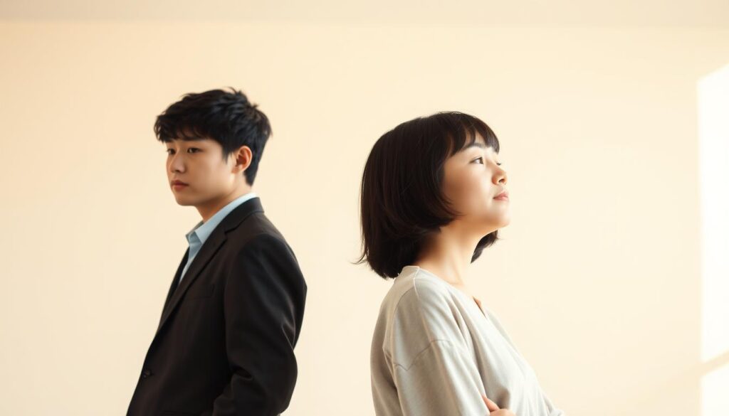 A serene, well-lit scene depicting two young Japanese individuals side-by-side, representing the contrasting work characteristics of ISFJ and INFP personalities. In the foreground, the ISFJ figure stands tall, embodying reliability and attention to detail, their posture exuding a sense of trustworthiness. In the middle ground, the INFP figure leans back, their expression conveying a thoughtful, adaptable demeanor, showcasing the flexibility and creativity inherent to their nature. The background is softly blurred, creating a sense of focus on the central figures and their distinct professional dispositions. The lighting is natural and warm, adding to the tranquil atmosphere. The overall composition emphasizes the nuanced differences between these two personality types and their work-related strengths.