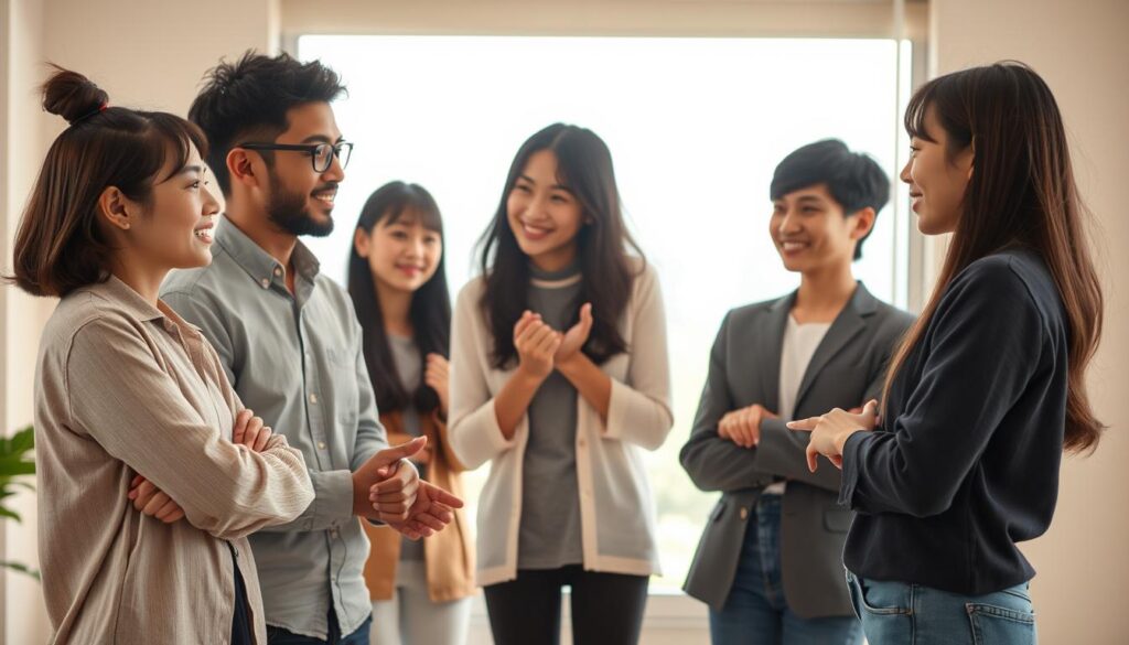 A serene, well-lit scene showcasing the harmonious interaction between four young Japanese-looking individuals, each representing a distinct personality type. The foreground features two individuals, one ENFP and one INTJ, engaged in a lively yet thoughtful discussion, their body language and facial expressions conveying a sense of mutual understanding and intellectual chemistry. The middle ground includes a ISFJ and ESFJ, their gestures and postures suggesting a complementary dynamic, perhaps offering support or guidance. In the background, a subtle but calming landscape or interior setting provides a visually pleasing backdrop, enhancing the overall atmosphere of interpersonal synergy. The lighting is soft and natural, highlighting the subjects' features and creating a sense of warmth and approachability.