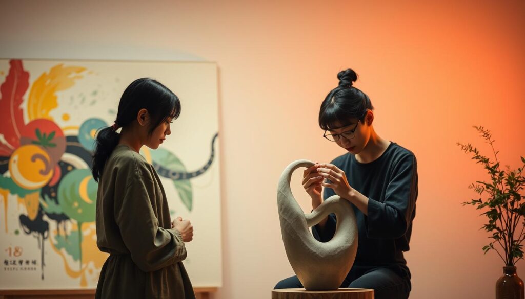 A serene yet captivating scene showcasing the distinct personalities of two ISFP subtypes. In the foreground, an ISFP-T type - a gentle, introspective artist, contemplating a vibrant abstract painting with a soft, warm lighting. In the middle ground, an ISFP-A type - a passionate, expressive creative, skillfully sculpting a delicate, organic form with focused intensity. Both young, Japanese-looking individuals exude a sense of quiet, innate artistry. The background blends harmonious hues, adding depth and atmosphere to this nuanced exploration of ISFP subtype differences.