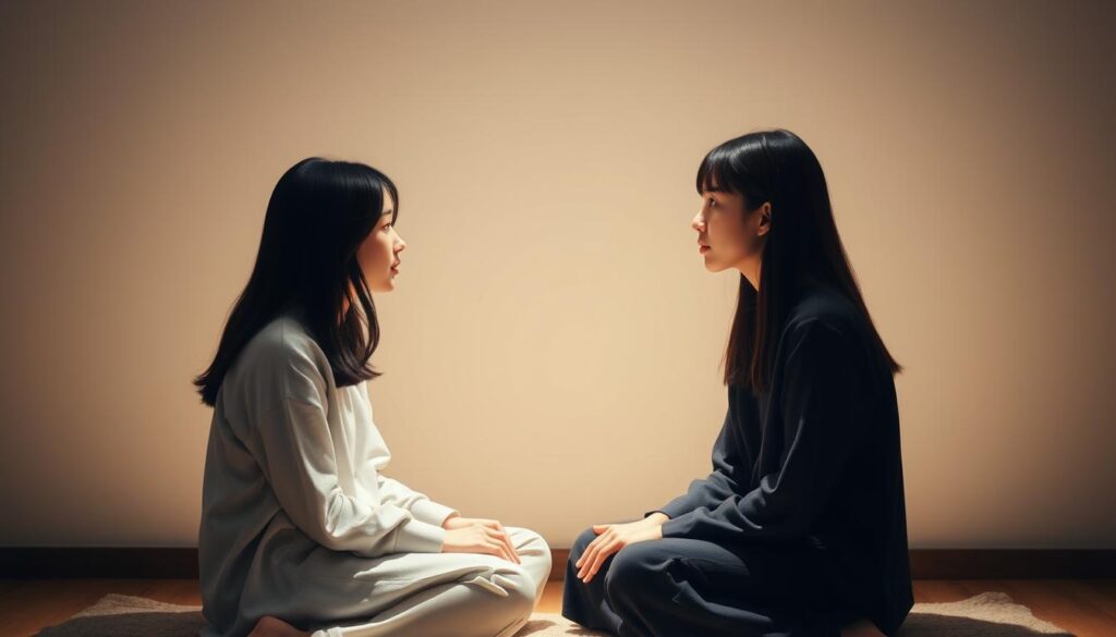 A serene yet emotionally charged scene depicting two ESFJ individuals deeply immersed in a profound, empathetic connection. The pair, modeled after young Japanese people with dark hair, sit face-to-face in a softly illuminated, minimalist room. Their expressions exude a genuine, heartfelt understanding, conveying the unique emotional bond and intuitive rapport shared between ESFJ personalities. Soft, diffused lighting casts a warm, embracing glow, heightening the sense of intimate, compassionate exchange. The tranquil, uncluttered background allows the subjects' emotional connection to take center stage, creating an image that visually encapsulates the essence of the "感情的ESFJ同士の関係性と深い共感" section.